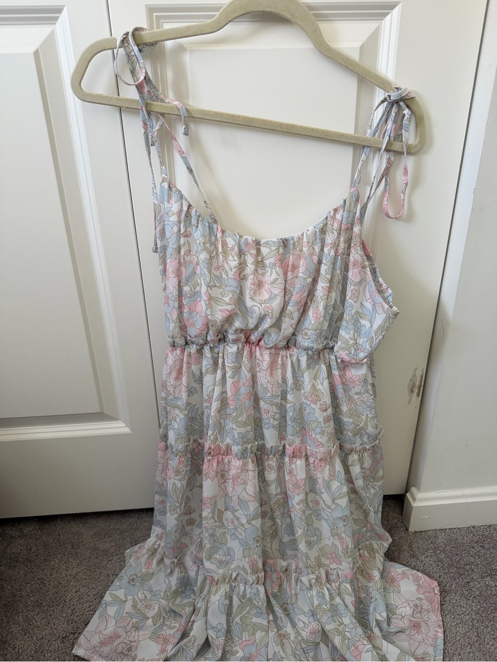 Floral Tie-Shoulder Maxi Dress in Pastel Pink & Blue